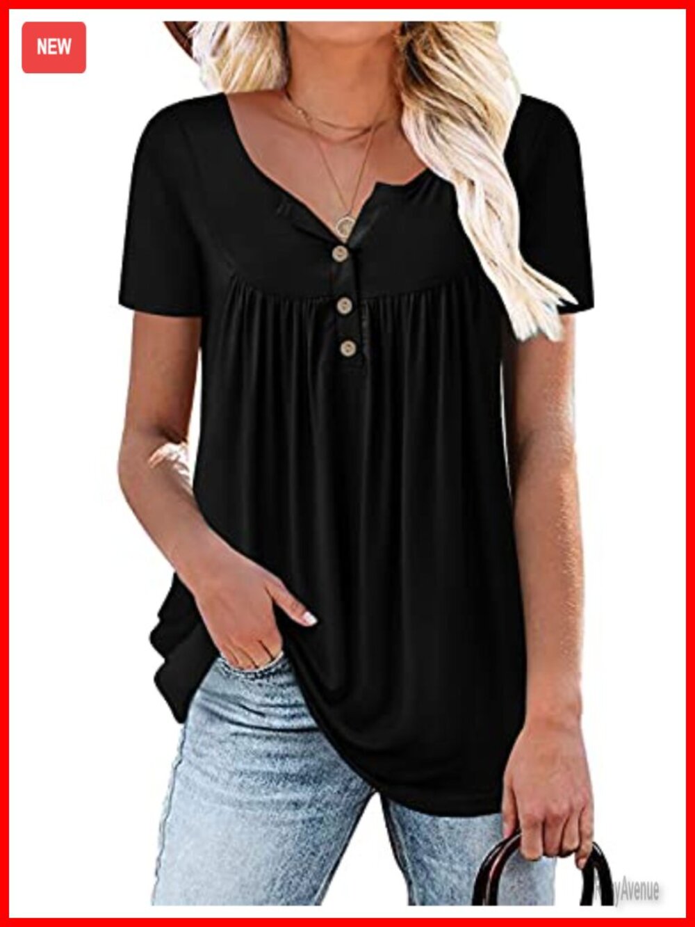 Womens Henley V Neck Button Down Flare Tunic Top Short Sleeve Blouse